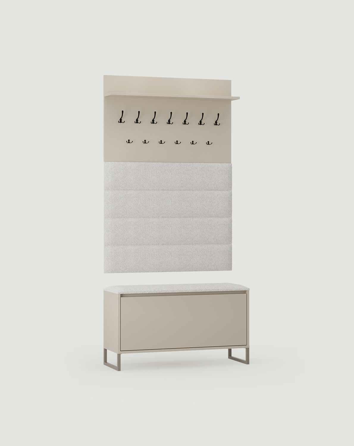 Veľký vešiak s panelmi W5P + skriňa na topánky SBD2
Farba: Champagne Beige
Sedadlo: Moss 02
Farba nôh: oceľ ODIS Sivá béžová
Typ háčika: CZW01/03 čierna
                            