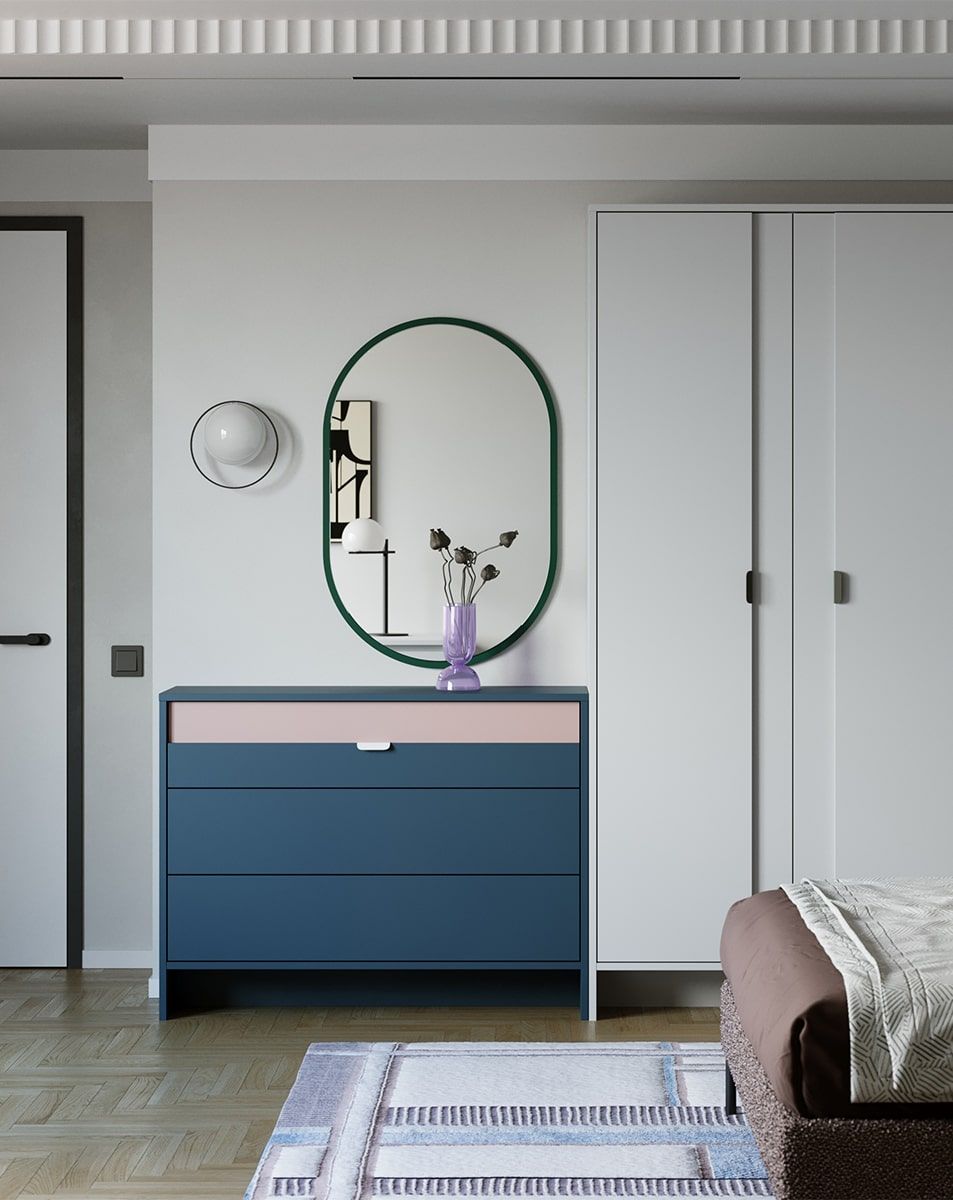 Komoda LAYERS s tromi zásuvkami LAY11
Farba: tirolská modrá
Farba prednej časti: Antique Rose
Rukoväť: LAYERS 110 Porcelánová biela