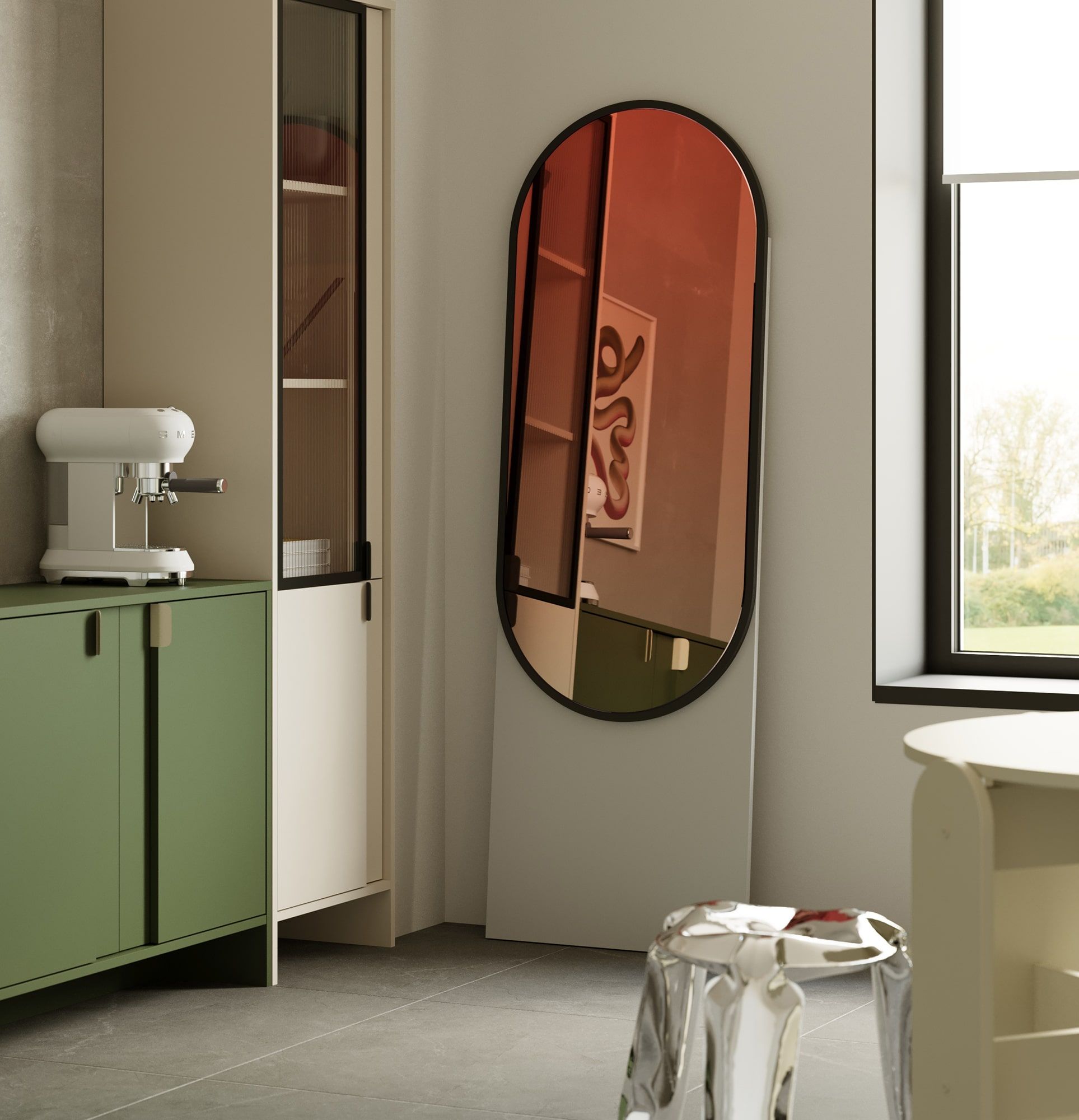 Stojace zrkadlo LAYERS LAY52
Farba: porcelánovo biela
Farba rámu zrkadla: čierna Onyx
Typ zrkadlového povrchu: Dekoratívna hranola