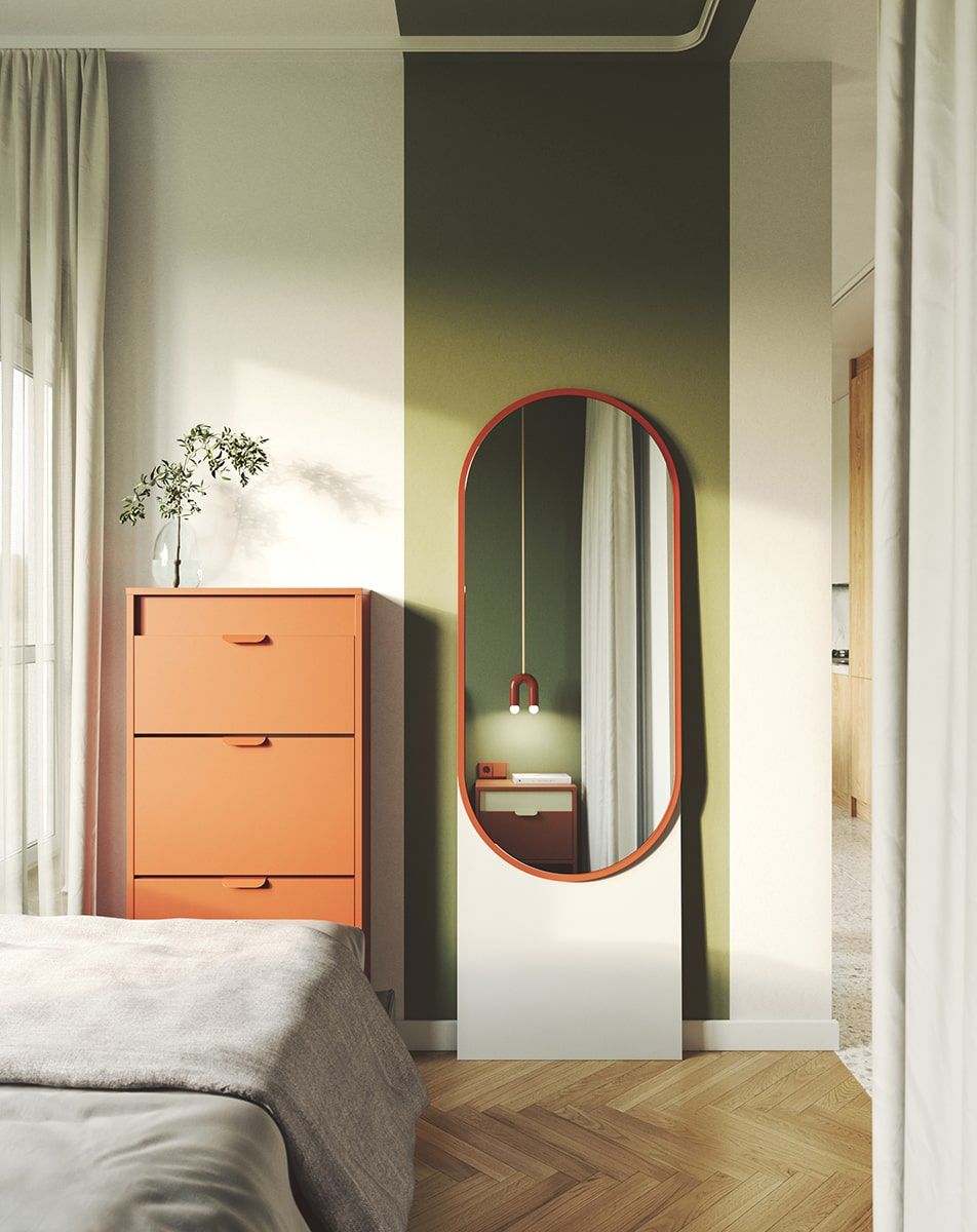Stojace zrkadlo LAYERS LAY52
Farba: porcelánovo biela
Farba rámu, panel pod zrkadlom: Ohnivá terakota
Typ zrkadlového panelu: Classic