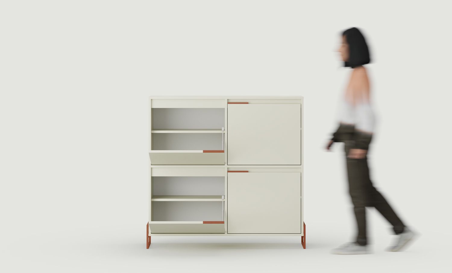Skriňa na topánky INEA DUO ISD2
Farba: mliečna cesta
Farba nôh a úchytiek: Oceľ Inea Fiery Terracotta