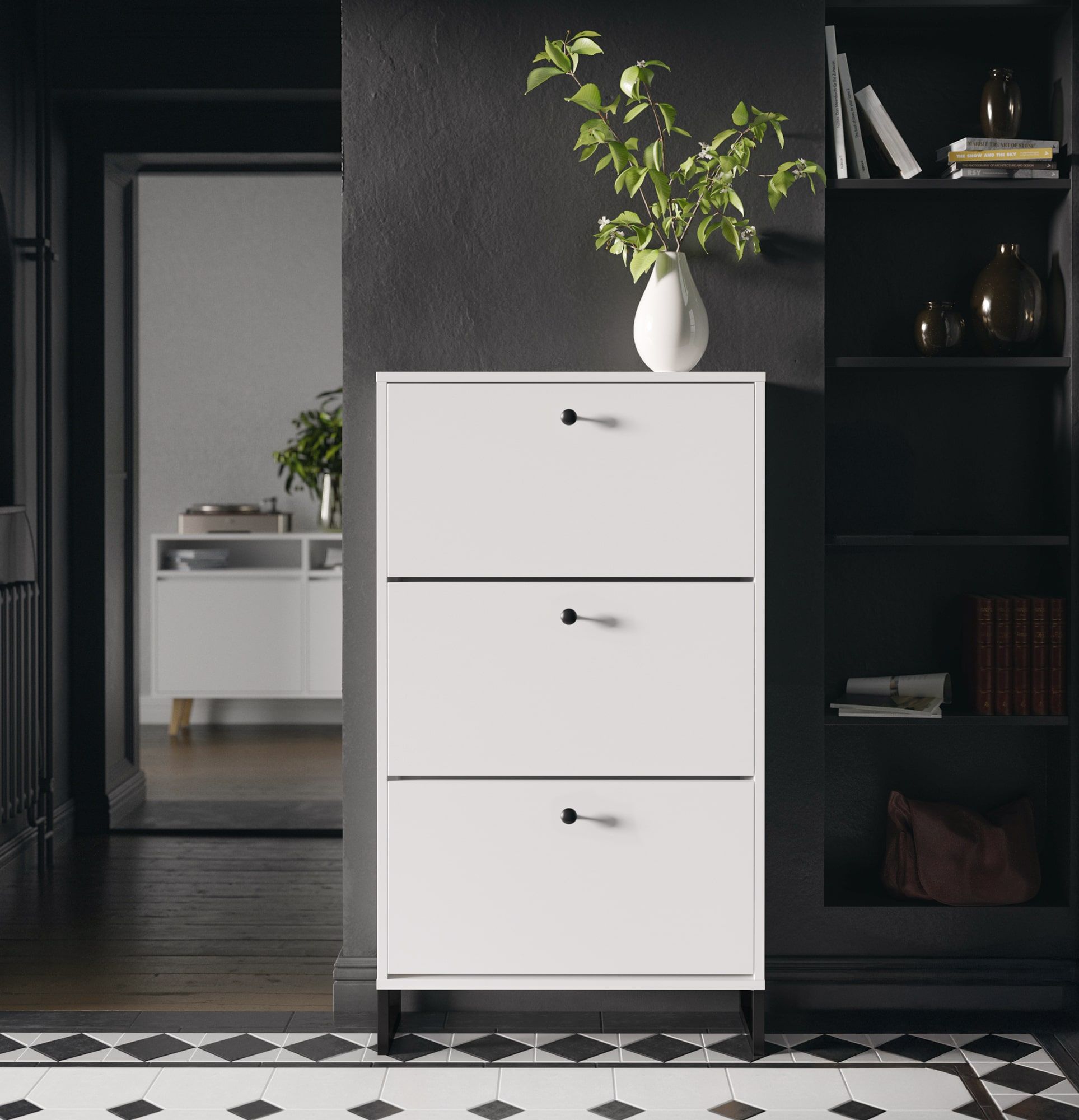Skriňa na topánky s klapkou ODIS SBK6DO
Farba: porcelánovo biela
Farba nôh: ODIS Oceľová čierna
Úchytka: FREJA kľučka čierna GFCZ