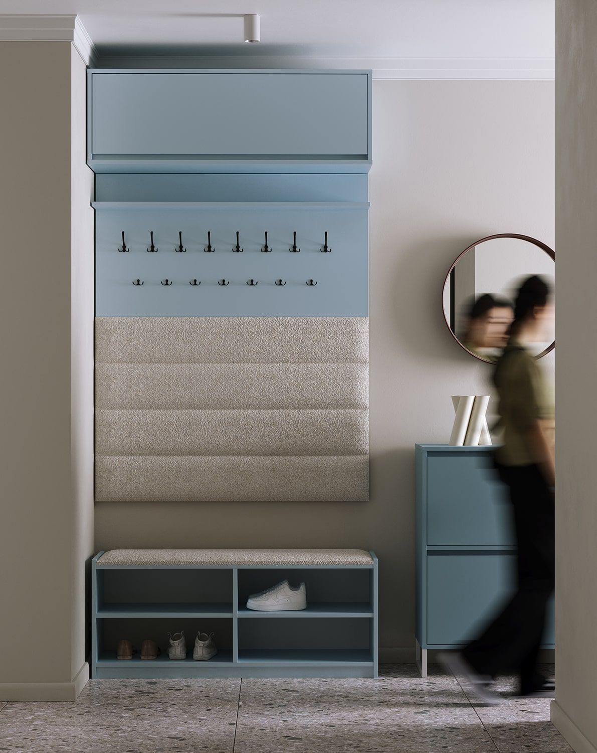 Skriňa na topánky SBO2 so sedadlom
Farba: Dove Blue
Sedadlo: Moss 02
