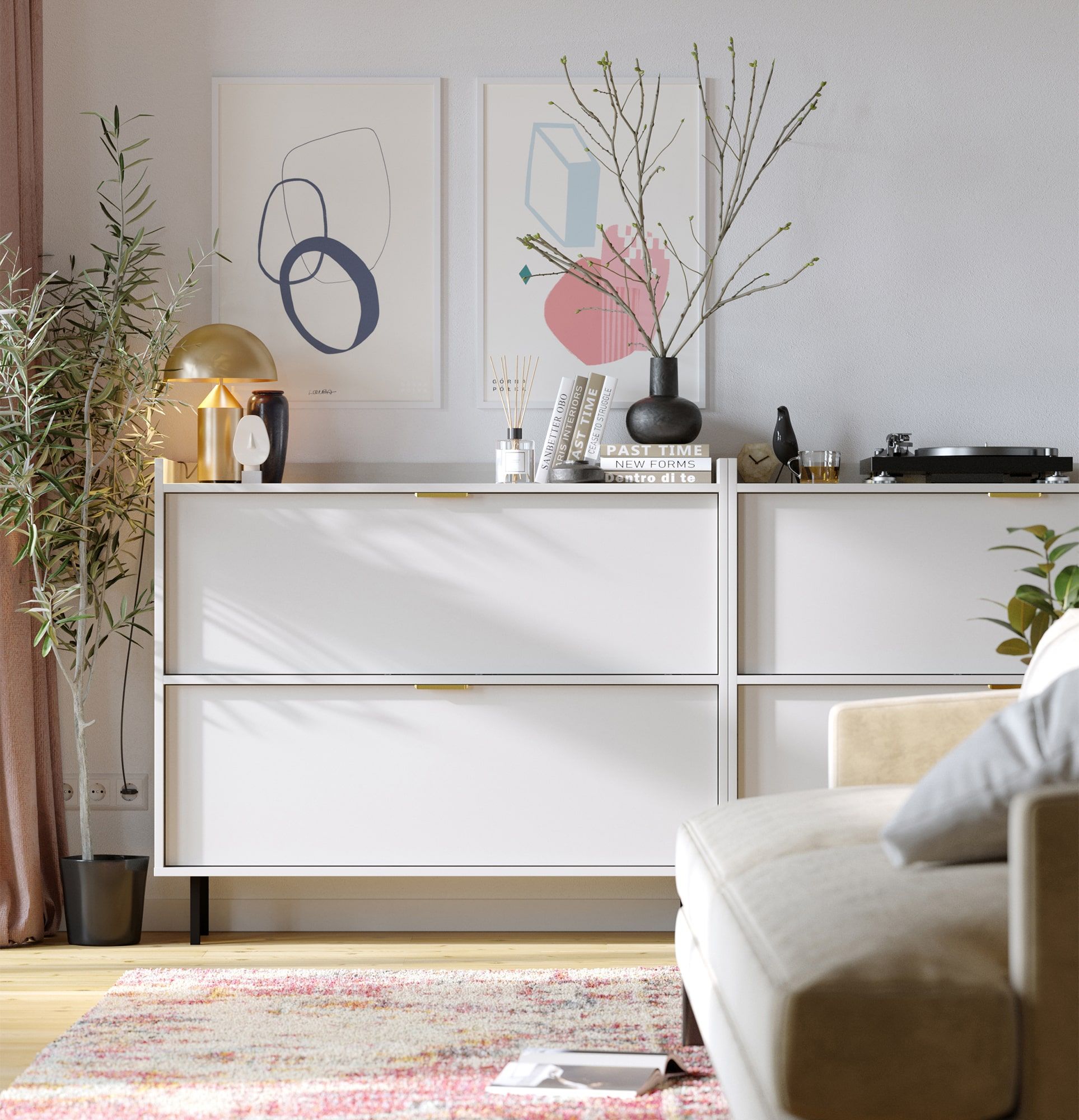 Skriňa na topánky SIGI Duo SBG1D
Farba: porcelánovo biela
Noha: čierna
Úchytka: LING Gold