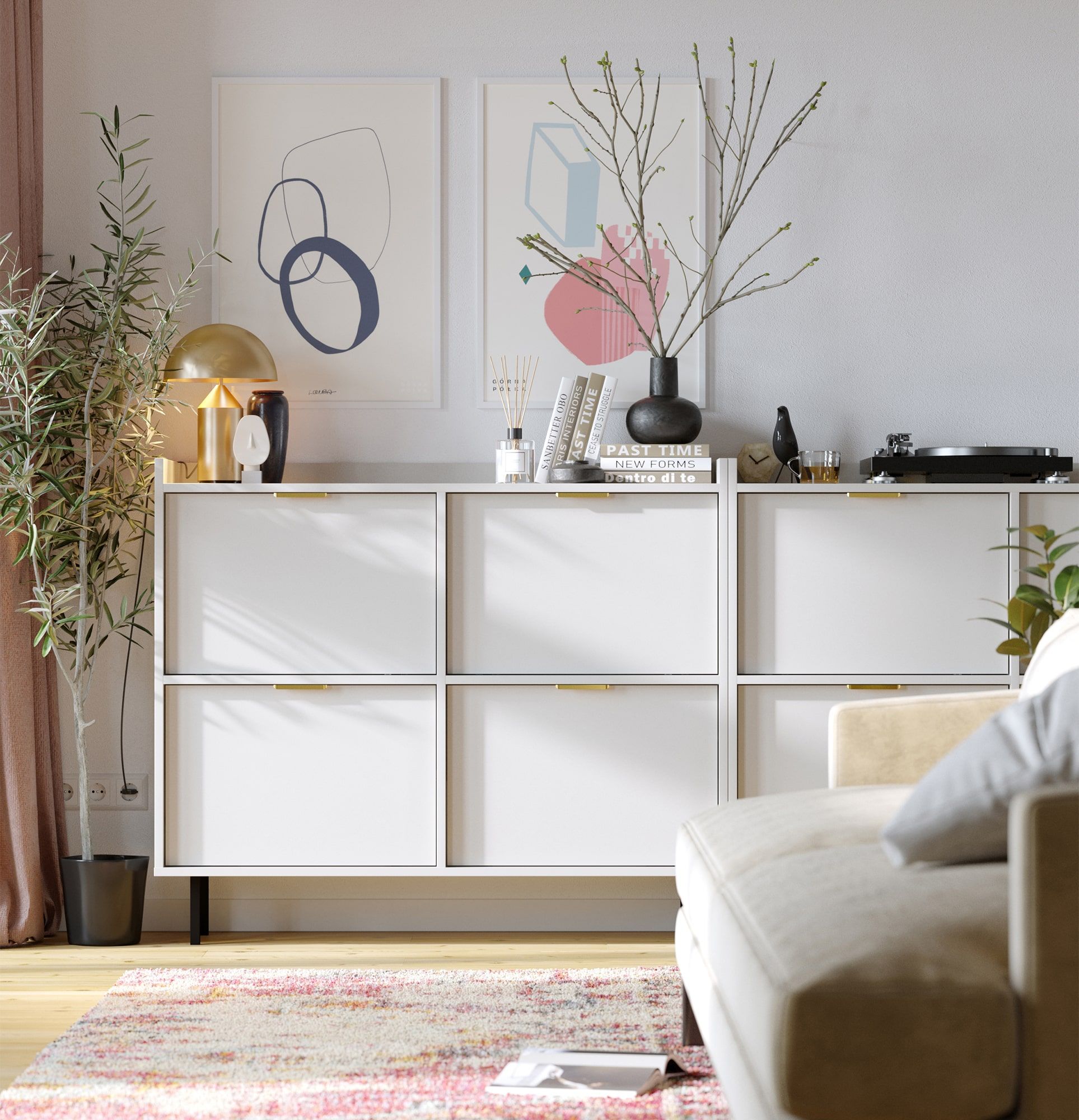 Skriňa na topánky SIGI Duo SBG2D
Farba: porcelánovo biela
Noha: čierna
Rukoväť: LING Gold