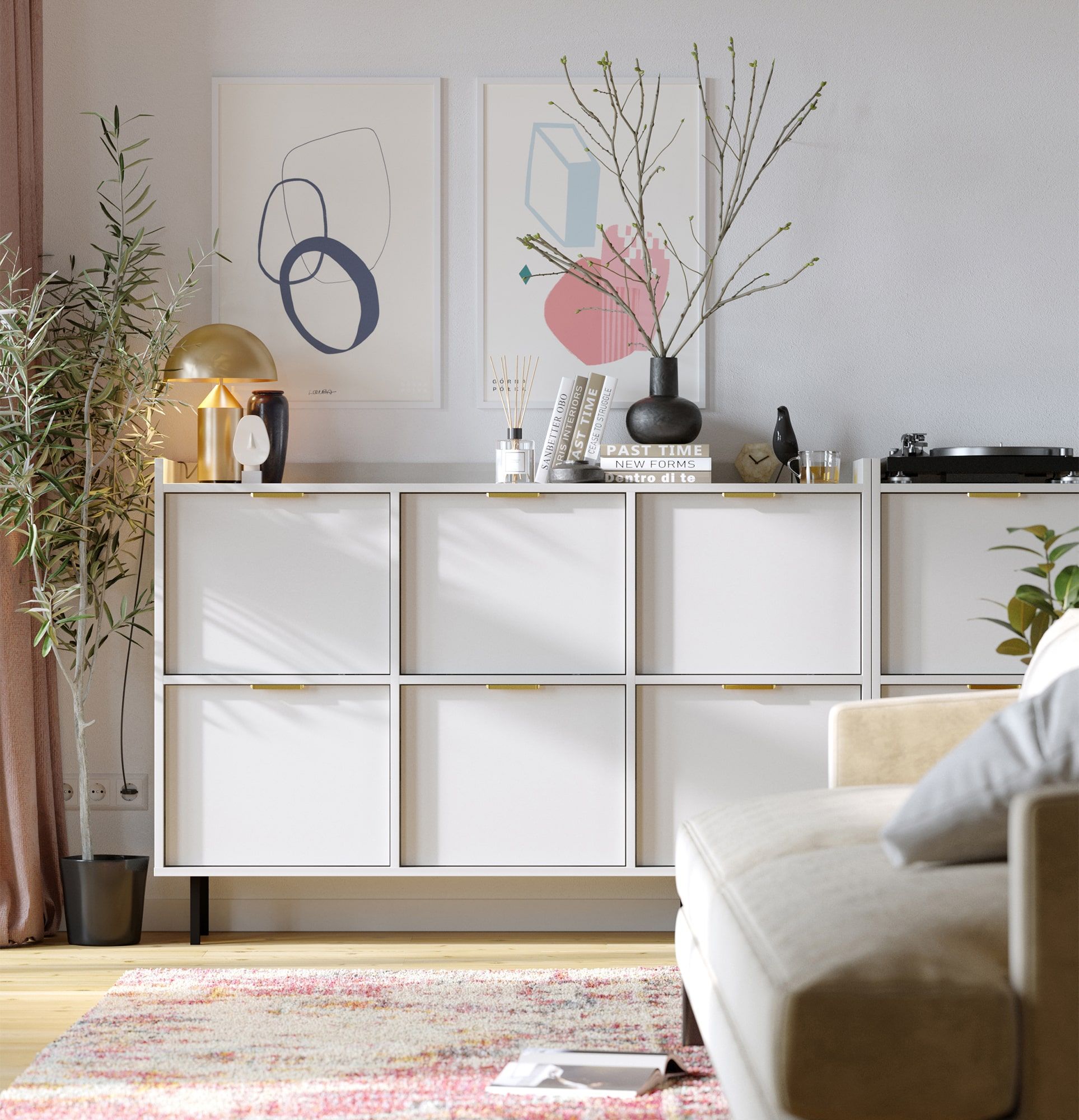 Skriňa na topánky SIGI Duo SBG3D
Farba: porcelánovo biela
Noha: čierna
Rukoväť: LING Gold
