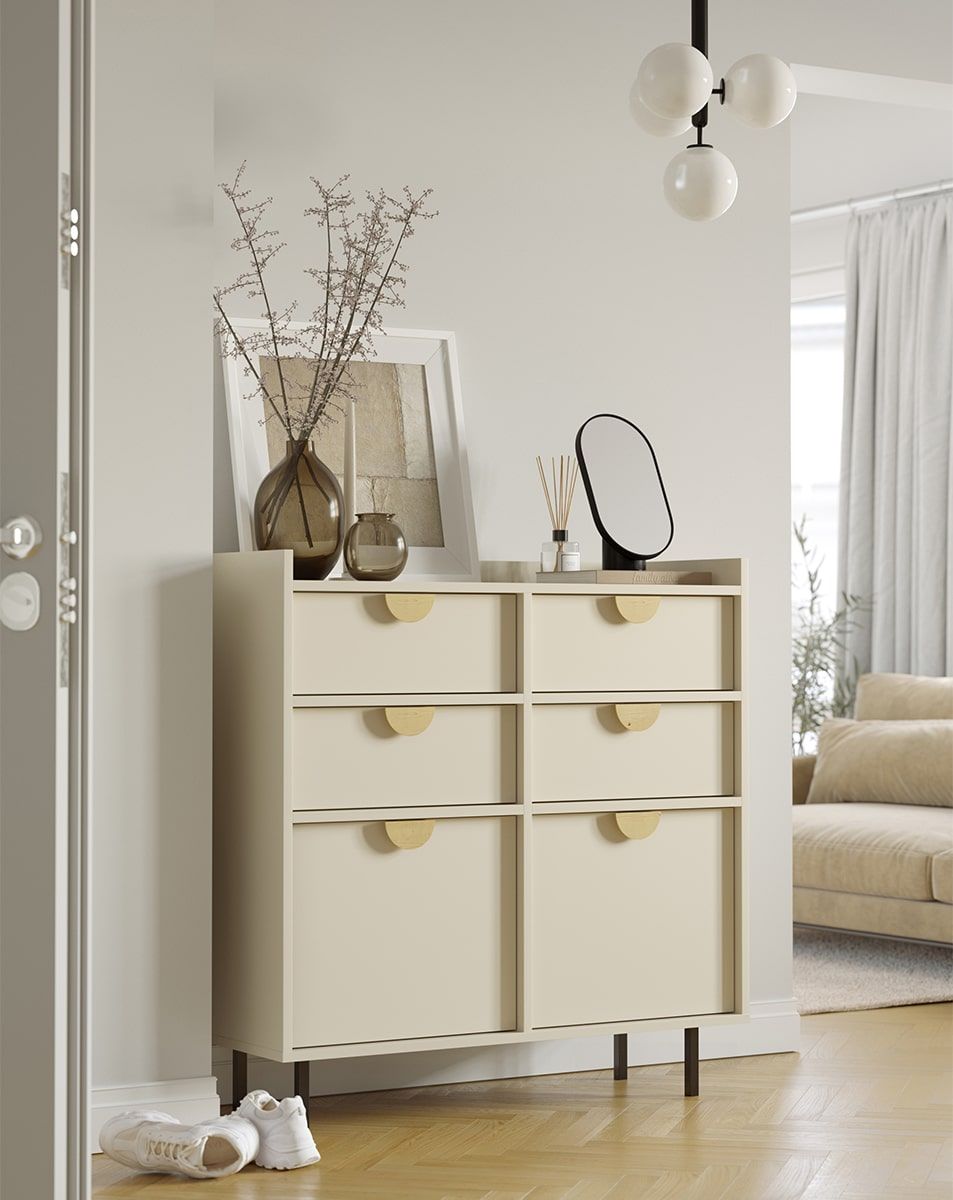 Skriňa na topánky SIGI so zásuvkou SBG2S
Farba: Champagne Beige
Noha: čierna
Rukoväť: dubová rukoväť RIND