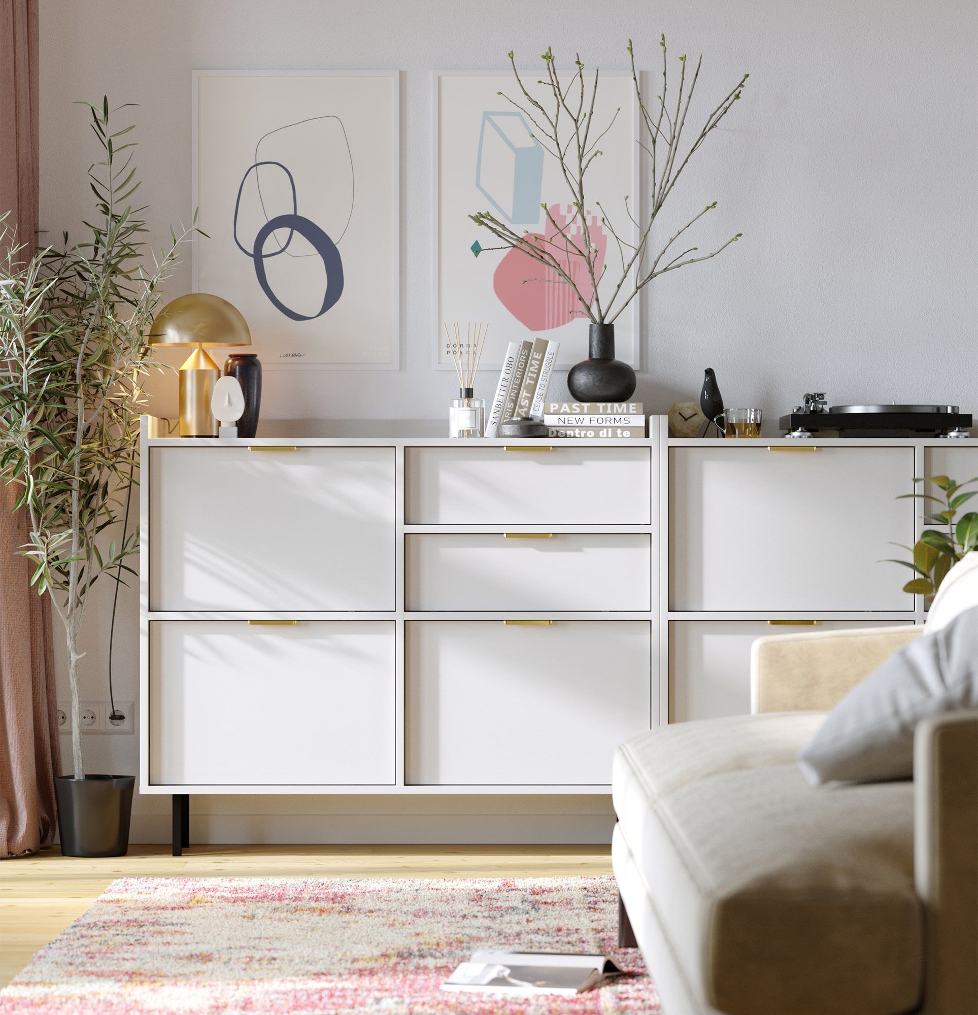 Skriňa na topánky SIGI so zásuvkou SBG3S
Farba: porcelánovo biela
Noha: čierna
Úchytka: LING Gold
