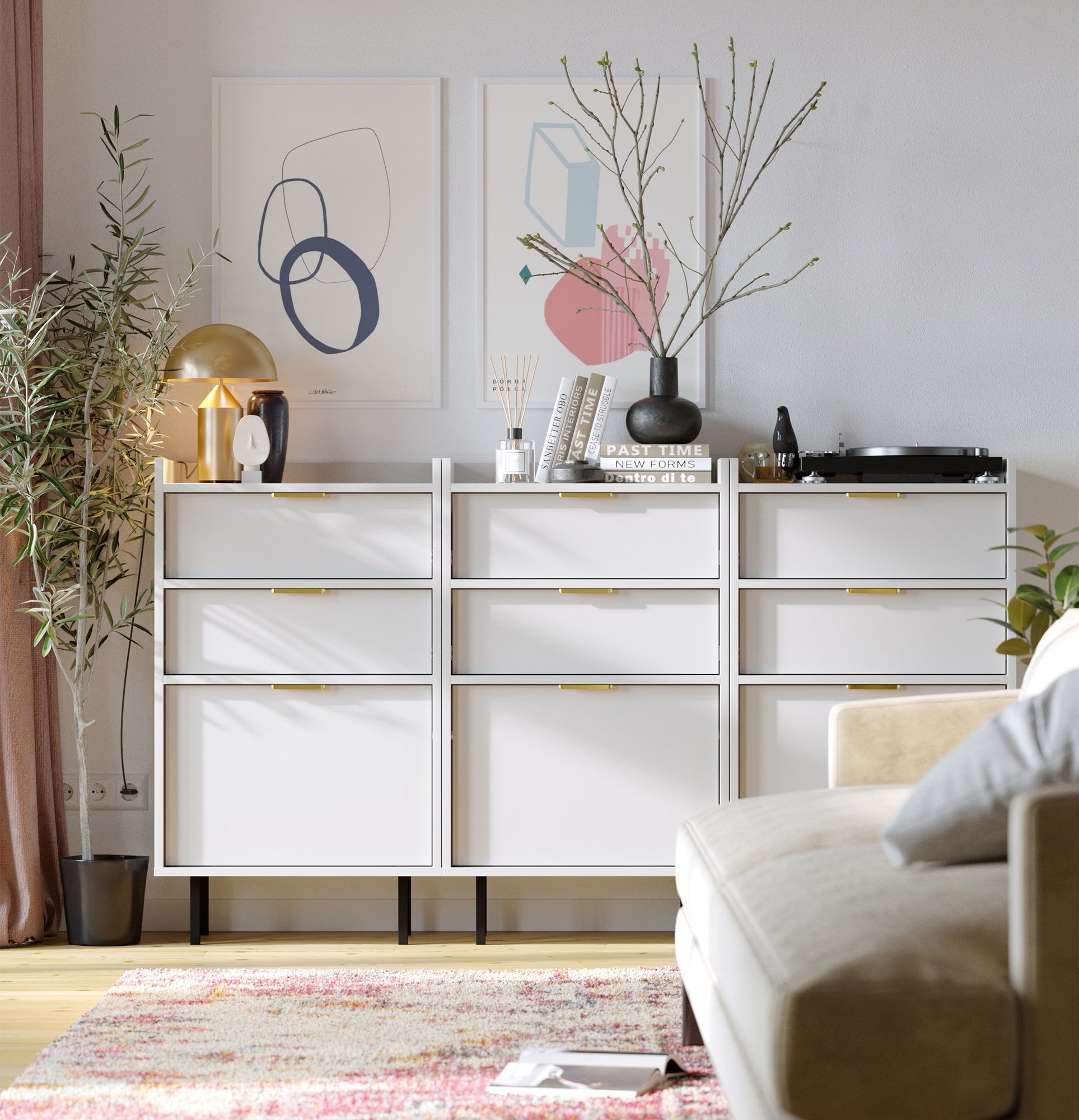 Skriňa na topánky SIGI so zásuvkou SBG1S
Farba: porcelánovo biela
Noha: čierna
Úchytka: LING Gold