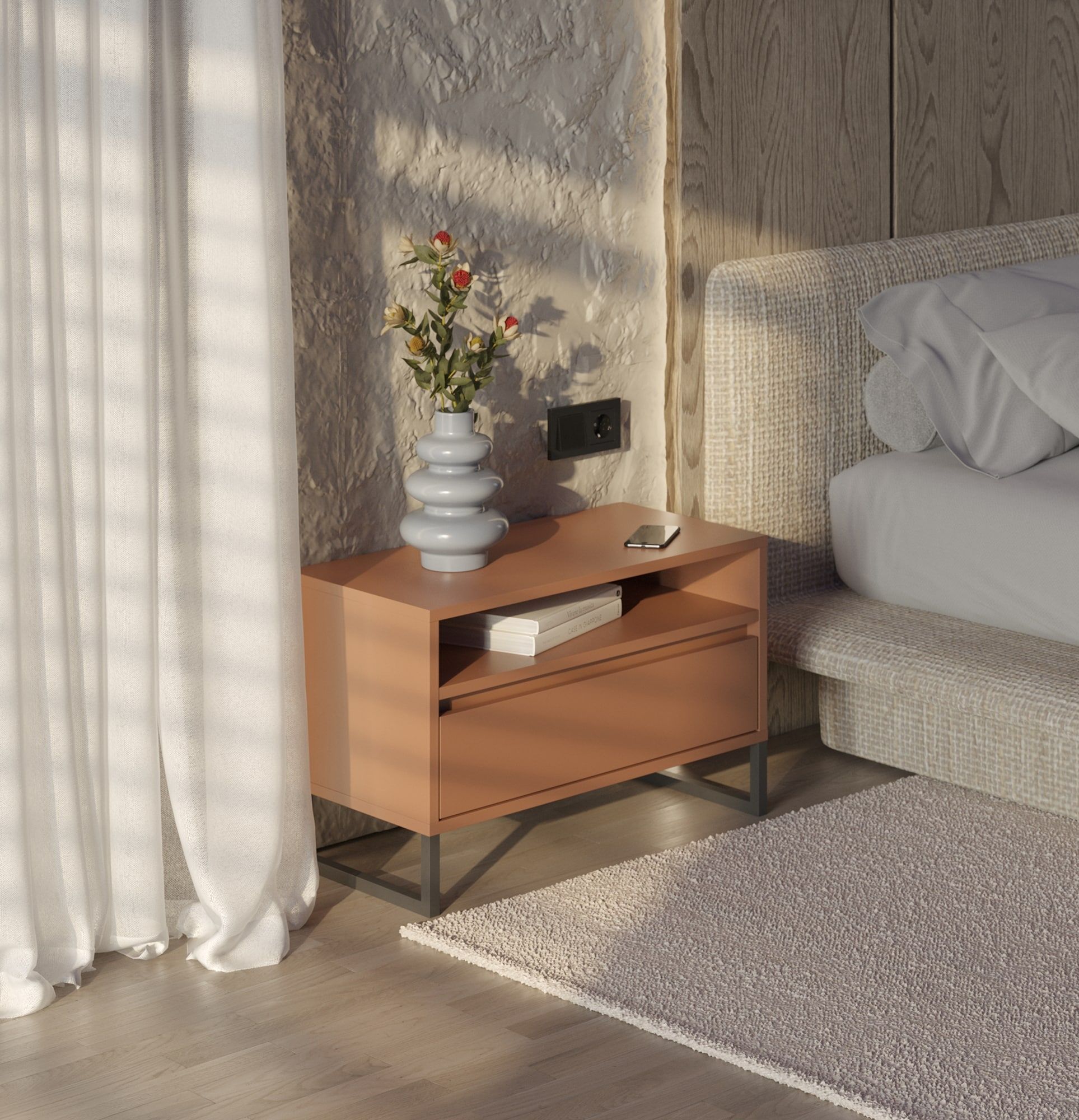 Nočný stolík ODIS SN04
Farba: Sahara Deep
Farba nôh: oceľ ODIS Grey