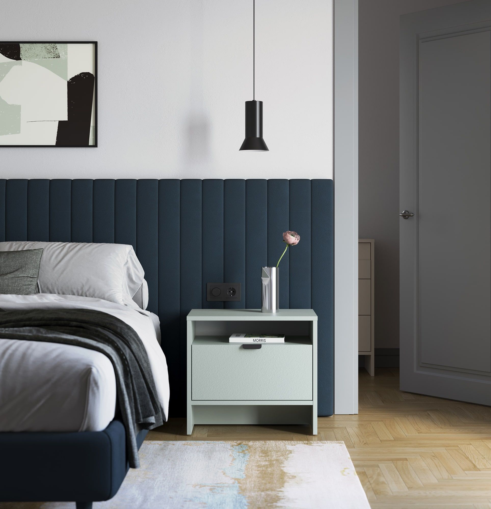 LAYERS LAY28 nočná skrinka s výklenkom a zásuvkou
Farba: mliečna pistáciová
Úchytka: LAYERS úchytka 110 Black Onyx