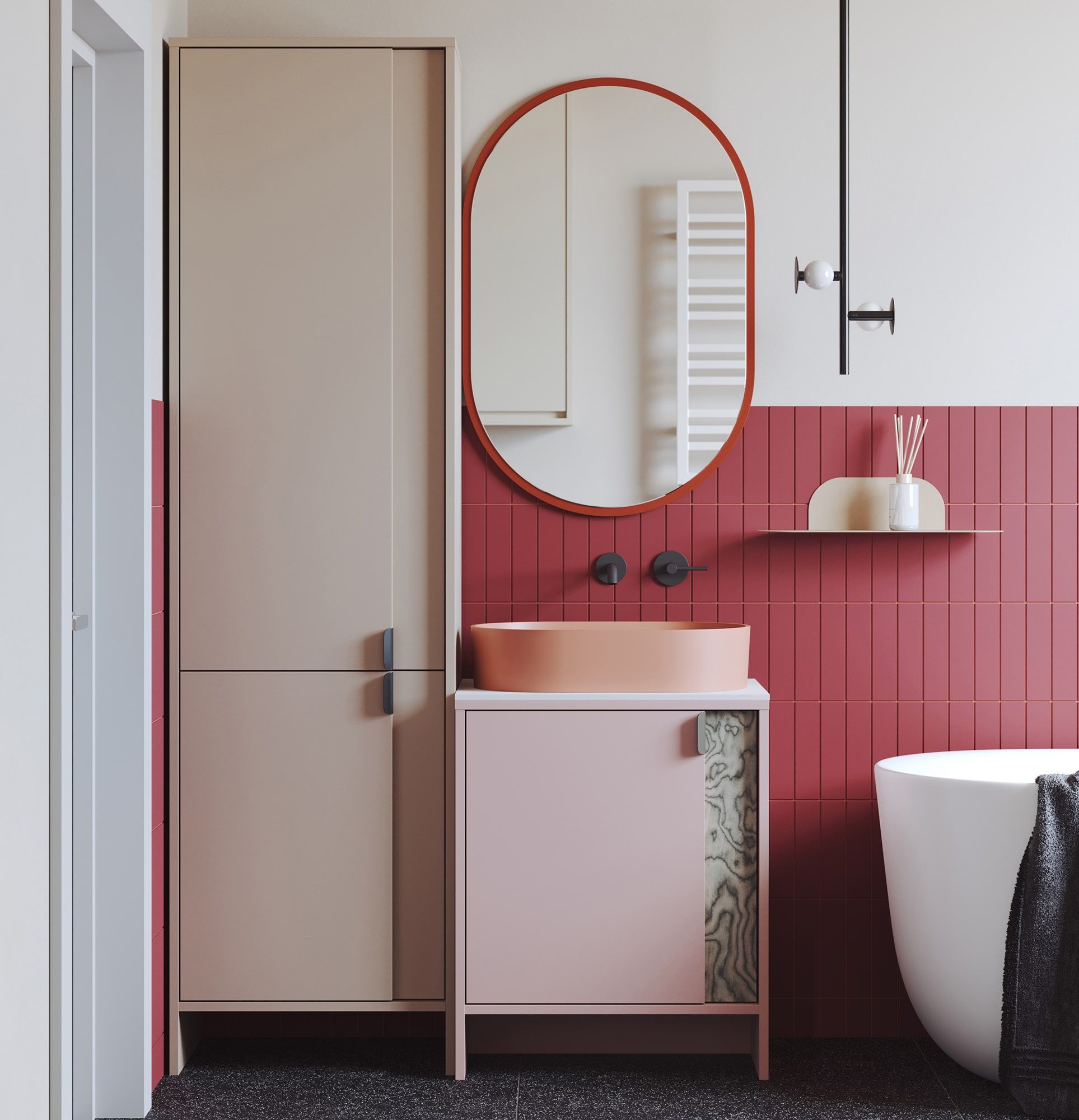LAYERS stojatá skrinka na umývanie LAY64
Farba: Antique Rose
Farba čela druhej vrstvy: Sottsassova sivá dýha
Úchytka: LAYERS úchytka 110 Deep Basalt
Umývadlo: OVO M+ Coral OMNIRES
Pracovná doska: biely krištáľový sintr