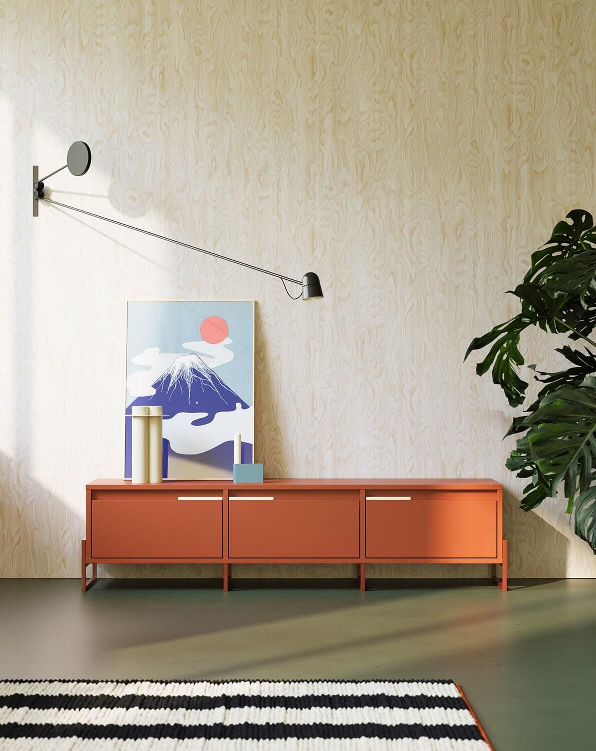 Skriňa INEA RTV IN3
Farba: ohnivá terakota
Farba rukoväte:  Mliečna oceľ
Farba nôh: Inea Steel Fiery Terracotta