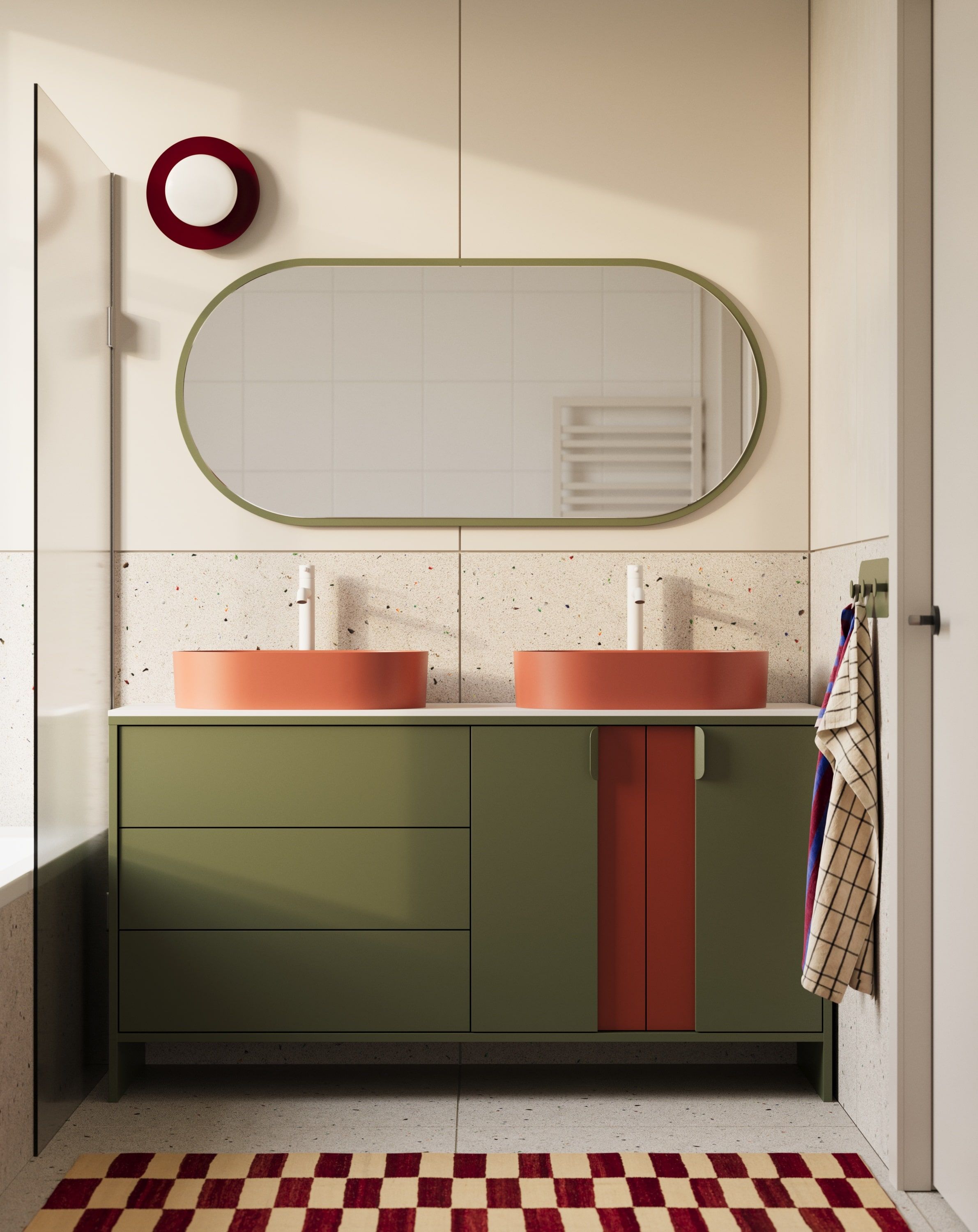 OMNIRES LAYERS LAY74 skrinka s dvojitým umývadlom
Farba: cyprusovo zelená
Farba prednej strany druhej vrstvy: Fiery Terracotta
Rukoväť: LAYERS 110 rukoväť Cyprusovo zelená
Umývadlo: OVO M+ Terracotta OMNIRES
Vodovodná batéria: Matná OMNIRES
Pracovná