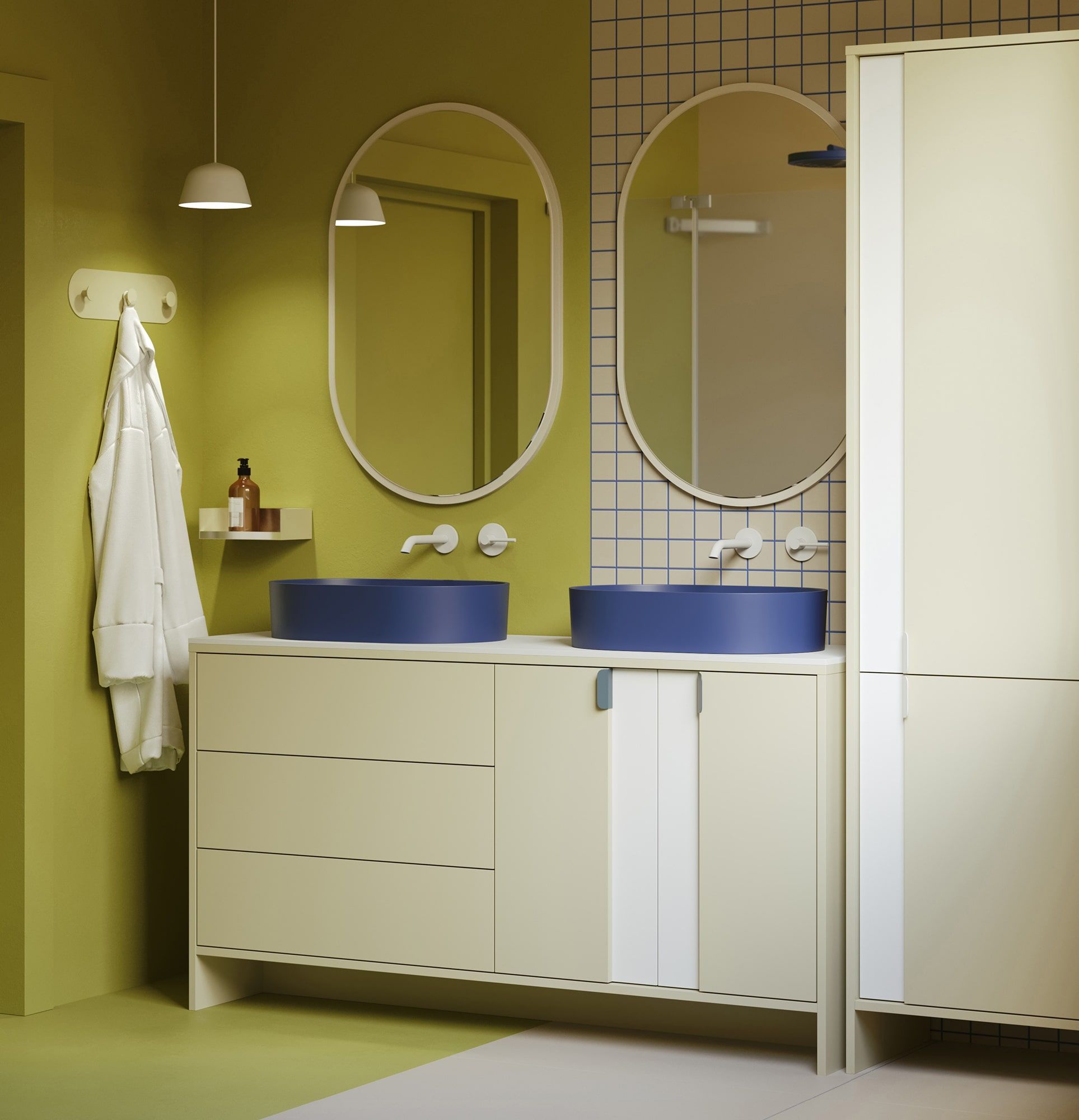 OMNIRES LAYERS LAY74 skrinka s dvojitým umývadlom
Farba: mliečna cesta
Farba čela druhej vrstvy: porcelánovo biela
Úchytka: LAYERS 110 Night Sailing
Umývadlo: OVO M+ Midnight Blue OMNIRES
Pracovná doska: biela Crystal Sinter