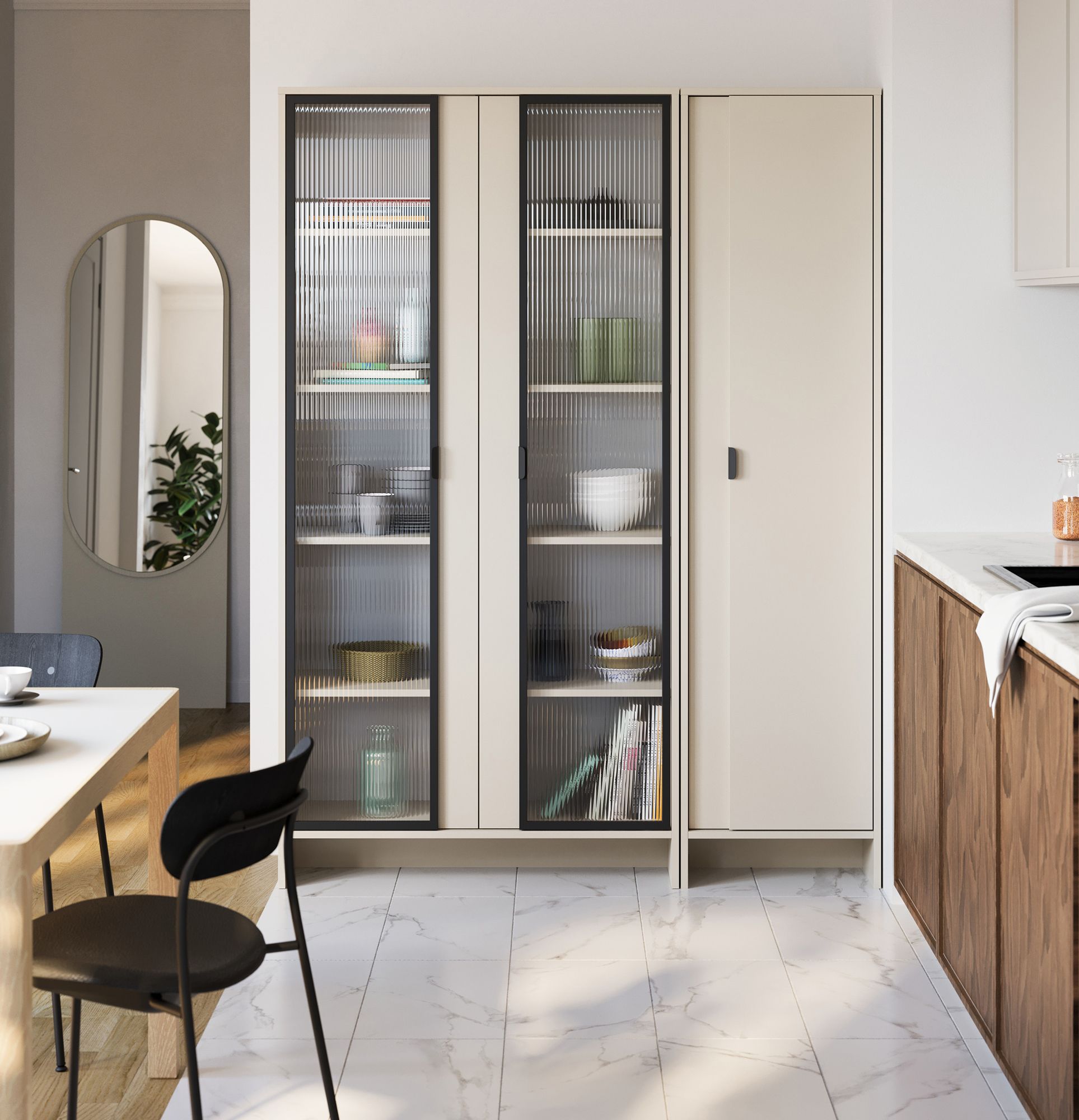 Skriňa LAYERS LAY45
Farba: Champagne Beige
Druhá vrstva farba čela: Champagne Beige
Rukoväť: LAYERS 110 rukoväť Black Onyx
Typ skla: Rýhované ornamentálne sklo