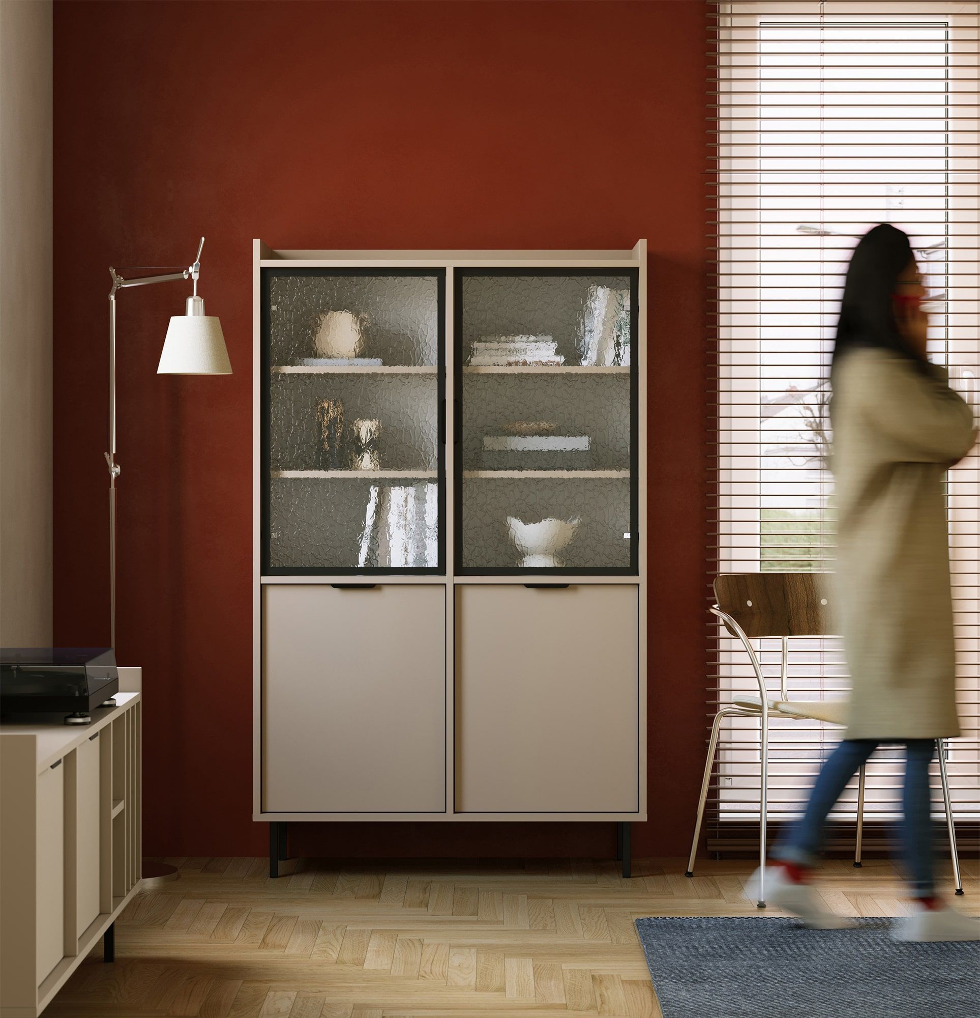 SIGI nízka vitrína WSN4
Farba: Cappuccino
Sklo: Flumen ornamentálne sklo
Noha: čierna
Rukoväť: LING rukoväť čierna